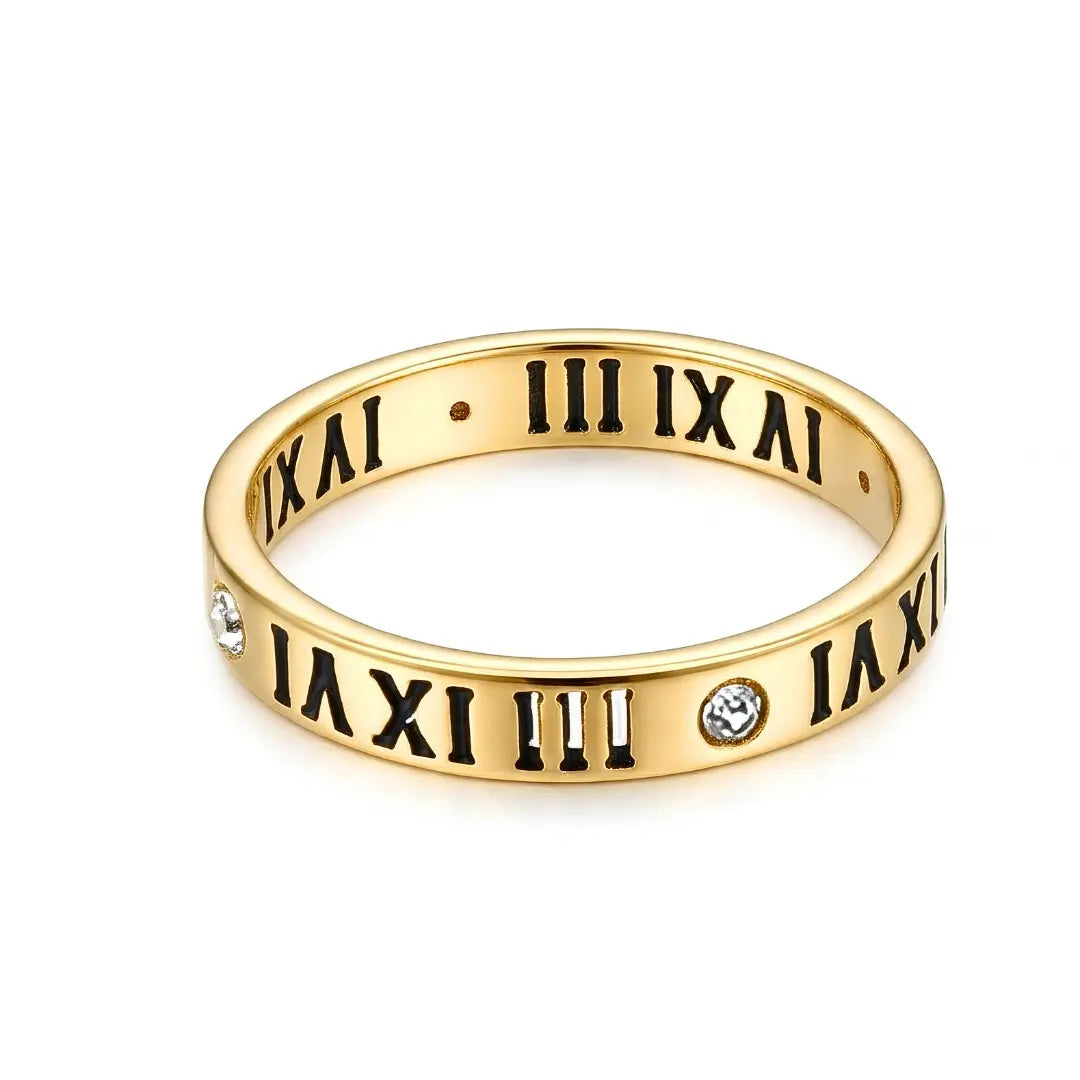 Unisex Gold Roman Numeral Diamond Ring