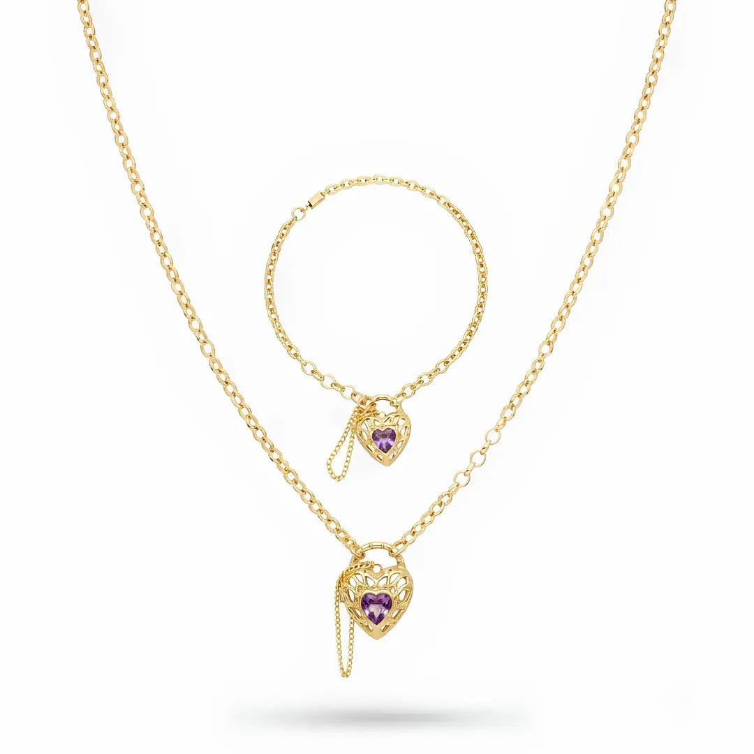 18K Gold Filled Belcher Chain Heart Necklace & Adjustable Bracelet Set – Tarnish-Proof Floral Crystal Jewelry