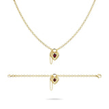 18K Gold Filled Belcher Chain Heart Necklace & Adjustable Bracelet Set – Tarnish-Proof Floral Ruby Red Crystal Jewelry