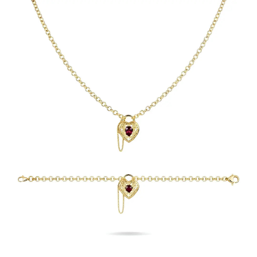 18K Gold Filled Belcher Chain Heart Necklace & Adjustable Bracelet Set – Tarnish-Proof Floral Ruby Red Crystal Jewelry