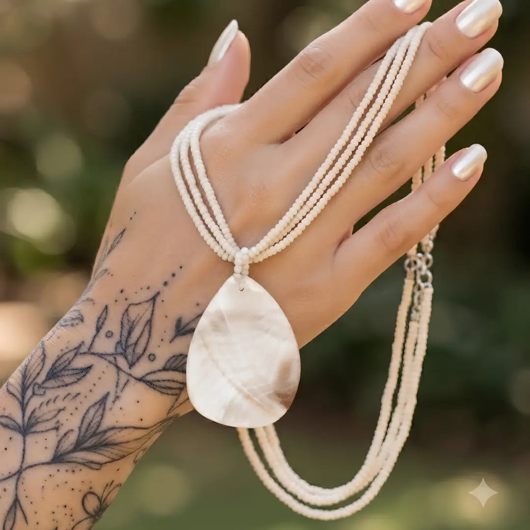 Off-White Beaded Strands Necklace with Natural Oval Mother of Pearl Pendant