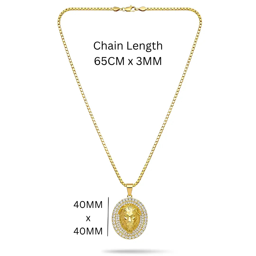 65CM x 3MM 18K Gold Filled Lion Head Medallion Pendant Necklace with Iced Crystal Halo &  Box Chain – Tarnish-Proof Statement Jewelry