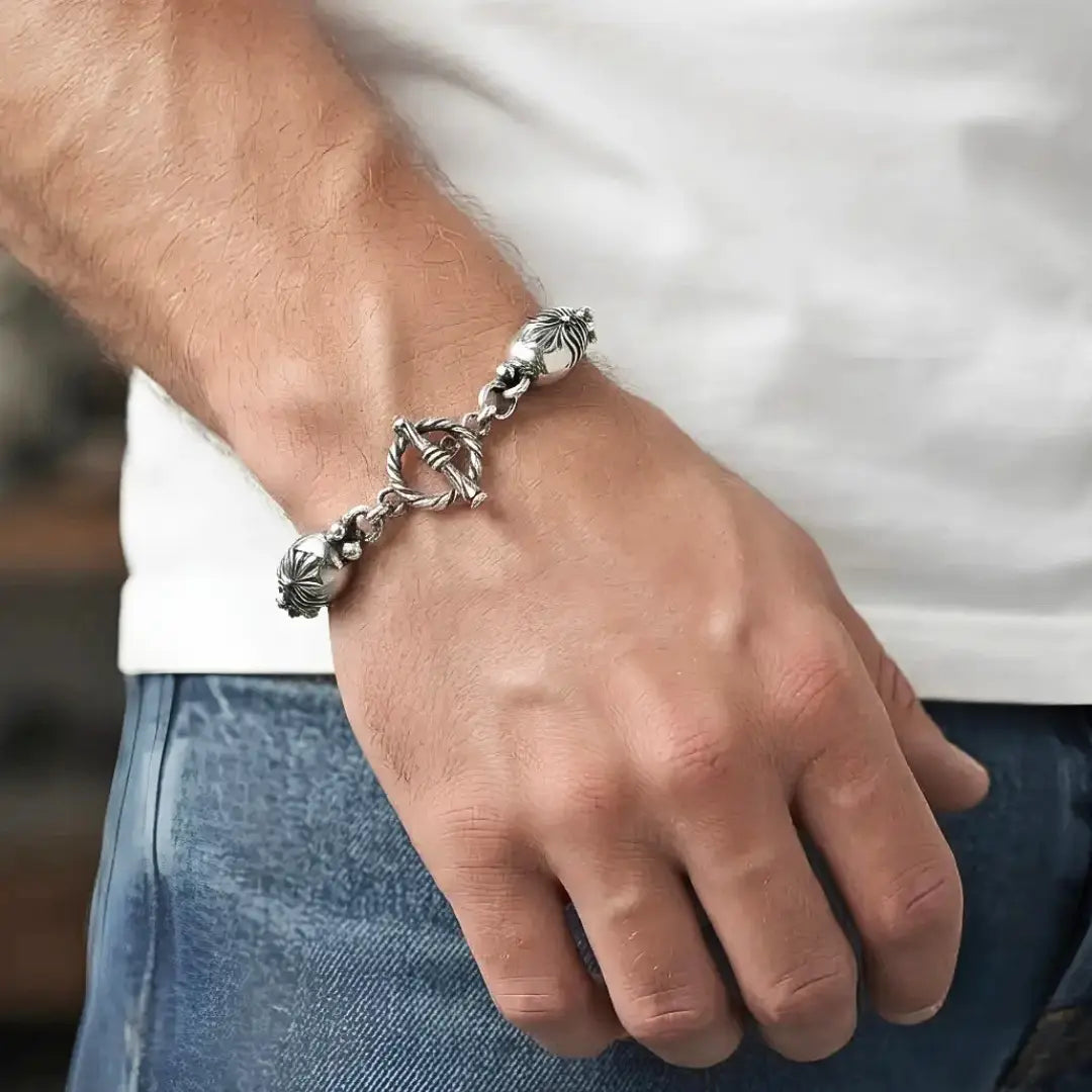 23CM x 14MM Silver Stainless Steel Tribal Mask Toggle Bracelet - Tarnish-Proof Statement Jewelry