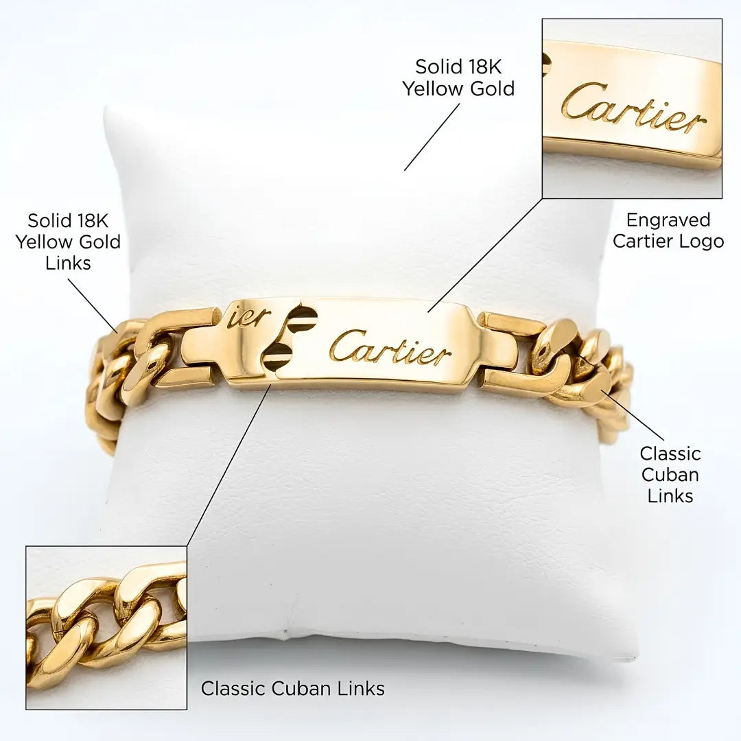 22CM x 14MM Unisex Solid 18K Yellow Gold Engraved Cuban Link ID Bracelet