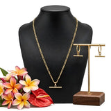 18K Gold Filled Tarnish Proof Hawaiian Figaro Chain Necklace & T-Bar Hoop Earrings Set