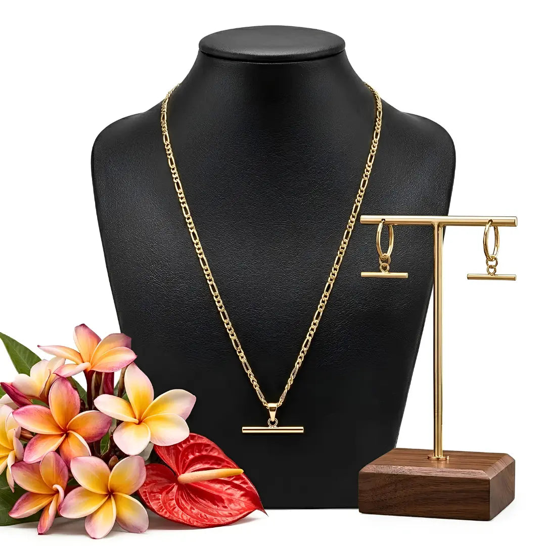 18K Gold Filled Tarnish Proof Hawaiian Figaro Chain Necklace & T-Bar Hoop Earrings Set