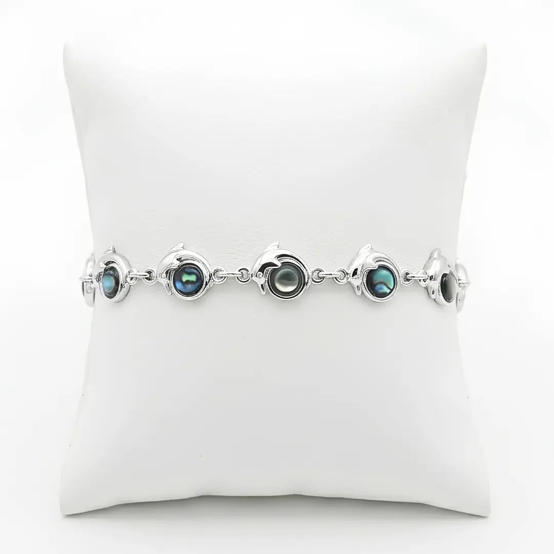 19CM Hawaiian Sterling Silver Abalone Dolphin Bracelet, Tarnish-Proof Ocean Jewelry