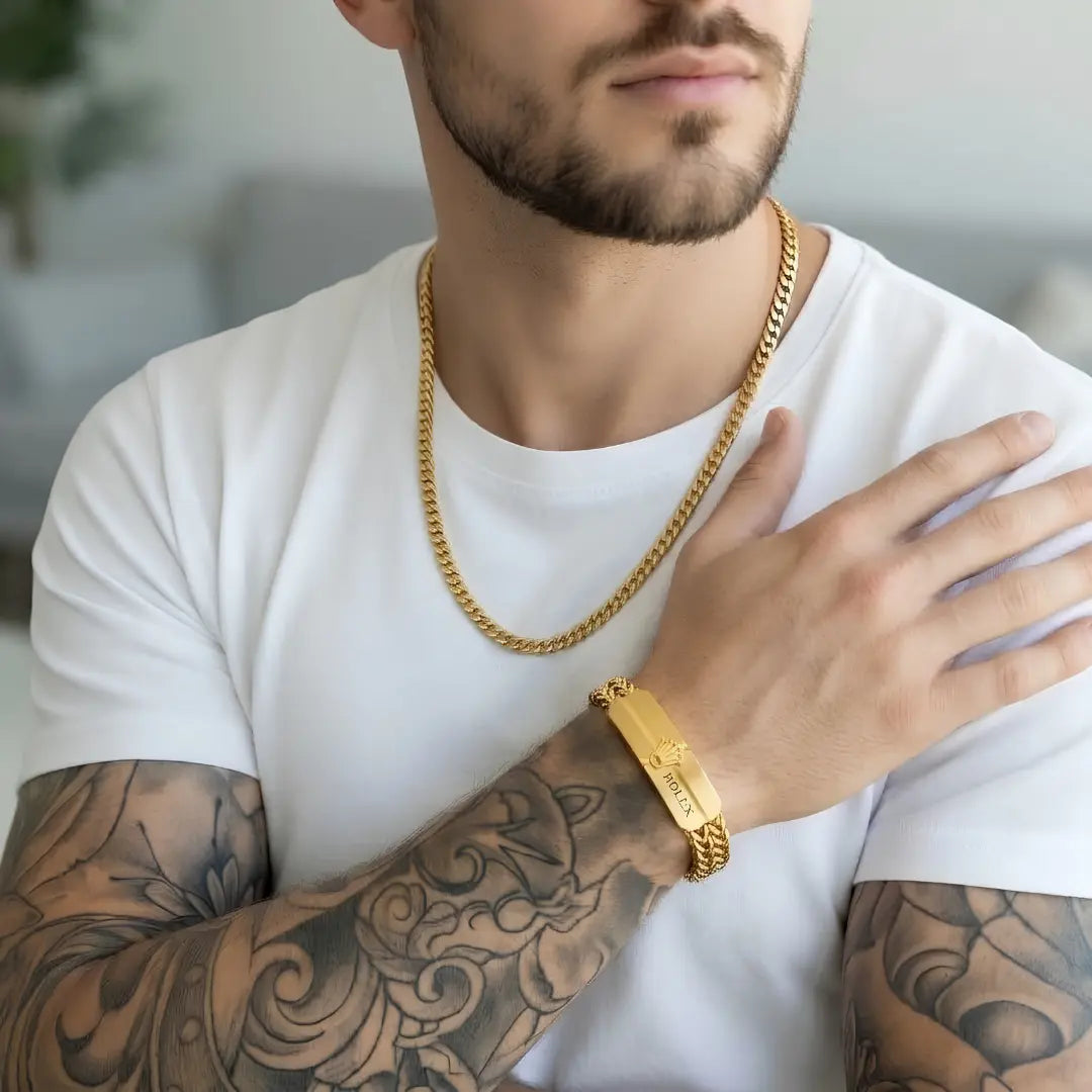 21CM x 12MM Men's 18k Gold Plated Stainless Steel Franco Mesh ID Plate Bracelet (Tarnish Proof)