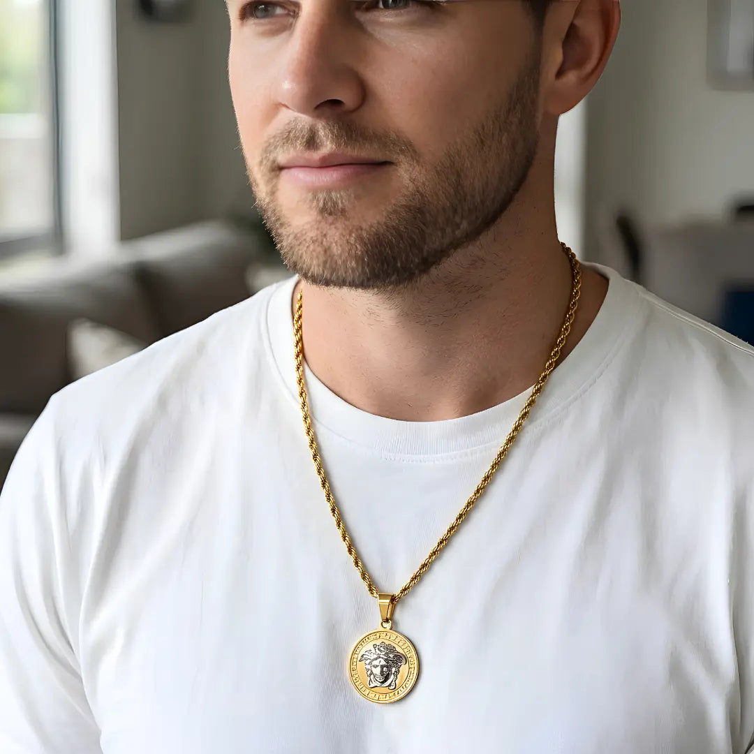 62CM x 5MM 18K Gold-Filled Two-Tone Medusa Medallion Pendant Necklace – Twisted Rope Chain Unisex Greek Key Statement Jewelry