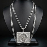 Custom 1911 Full Sovereign Coin Pendant Necklace with Cubic Zirconia and Curb Cuban Chain in Silver Rhodium Plated Stainless Steel