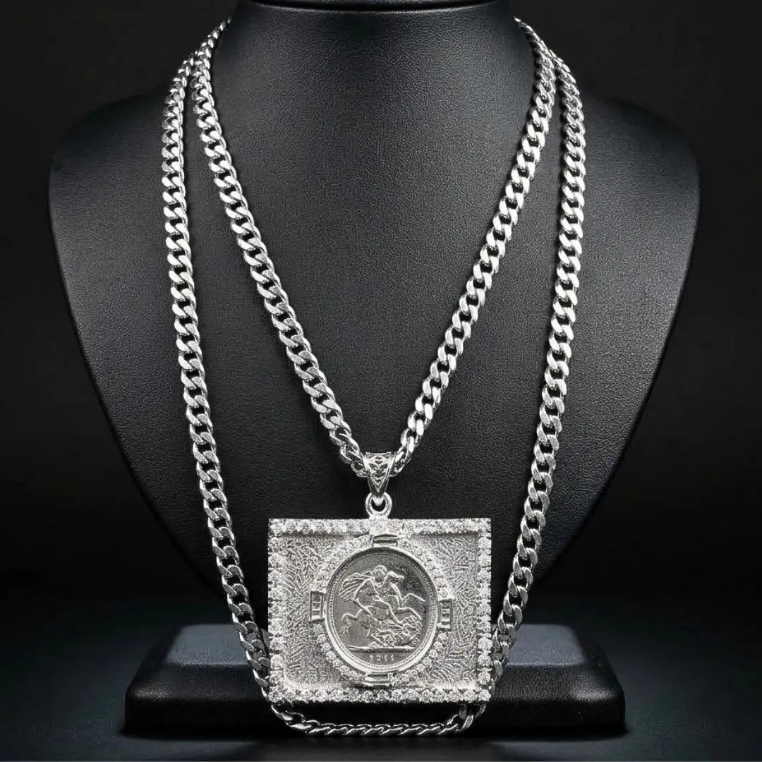 Custom 1911 Full Sovereign Coin Pendant Necklace with Cubic Zirconia and Curb Cuban Chain in Silver Rhodium Plated Stainless Steel