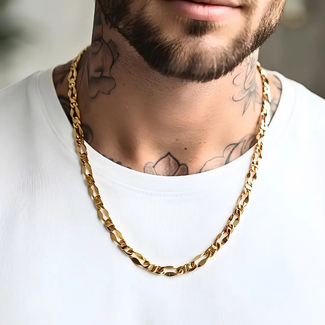 60CM x 12MM 18K Gold-Filled Figaro Chain Necklace –  Flat Link Unisex Heavy Duty Tarnish-Proof Chain