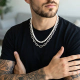 Men's Layered Pearl & Silver Paperclip Chain Necklace Set | Modern Unisex Jewelry