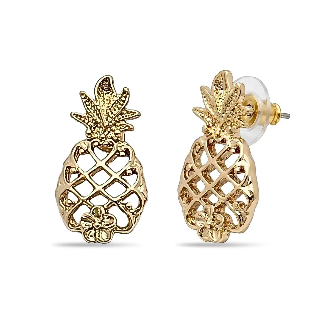 25mm Hawaiian Gold Pineapple Stud Earrings, Tropical Hibiscus Flower Openwork Earrings