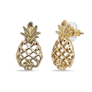 25mm Hawaiian Gold Pineapple Stud Earrings, Tropical Hibiscus Flower Openwork Earrings