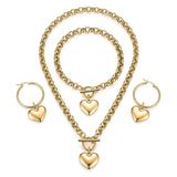 14K Gold Filled Heart Pendant Toggle Clasp Jewelry Set | Tarnish Proof Rolo Chain Necklace, Bracelet & Hoop Earrings