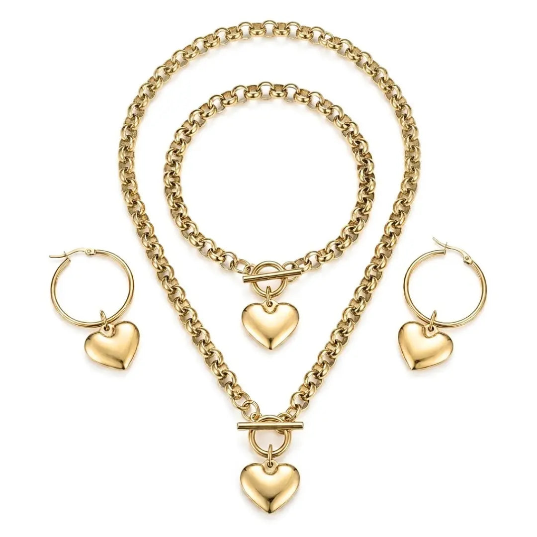 14K Gold Filled Heart Pendant Toggle Clasp Jewelry Set | Tarnish Proof Rolo Chain Necklace, Bracelet & Hoop Earrings