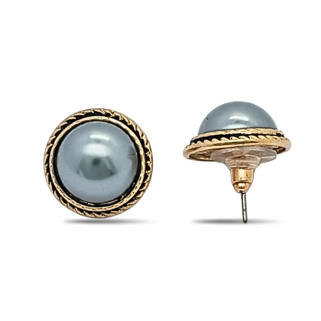 18mm Hawaiian Grey Pearl Stud Earrings, Gold Rope Border Tahitian Style Button Earrings