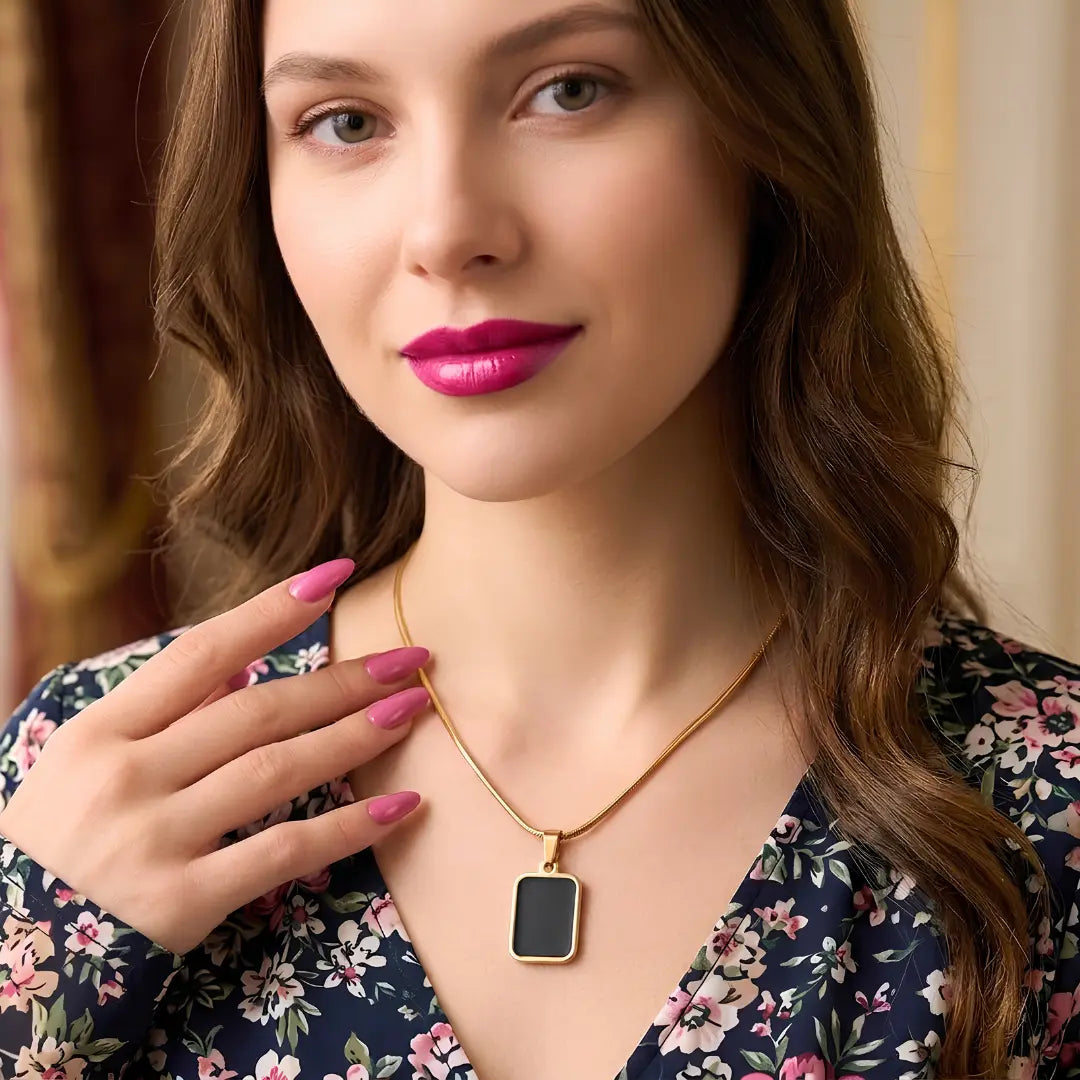 48CM 18K Gold Filled Double Sided Onyx & Mother of Pearl Reversible Rectangular Pendant Necklace | Tarnish Proof Gold Snake Chain