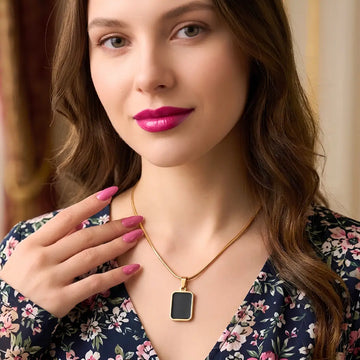 48CM 18K Gold Filled Double Sided Onyx & Mother of Pearl Reversible Rectangular Pendant Necklace | Tarnish Proof Gold Snake Chain