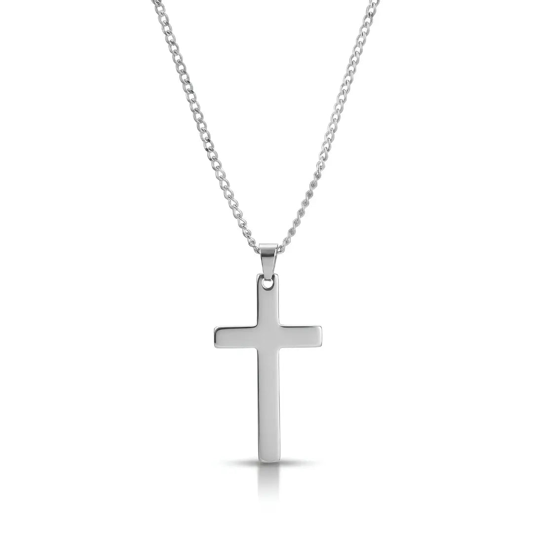 Stainless Steel Cross Pendant Necklace with Curb Chain – Tarnish-Proof Unisex Religious Jewelry in Silver & Black