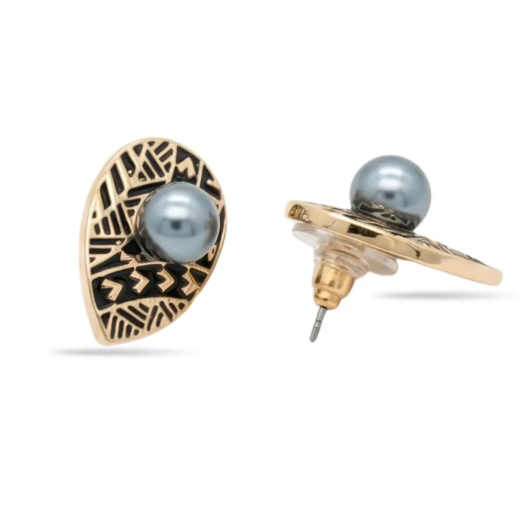 20MM Hawaiian Tribal Teardrop Pearl Stud Earrings - Gold & Black Enamel Polynesian Pearl Earrings for Women