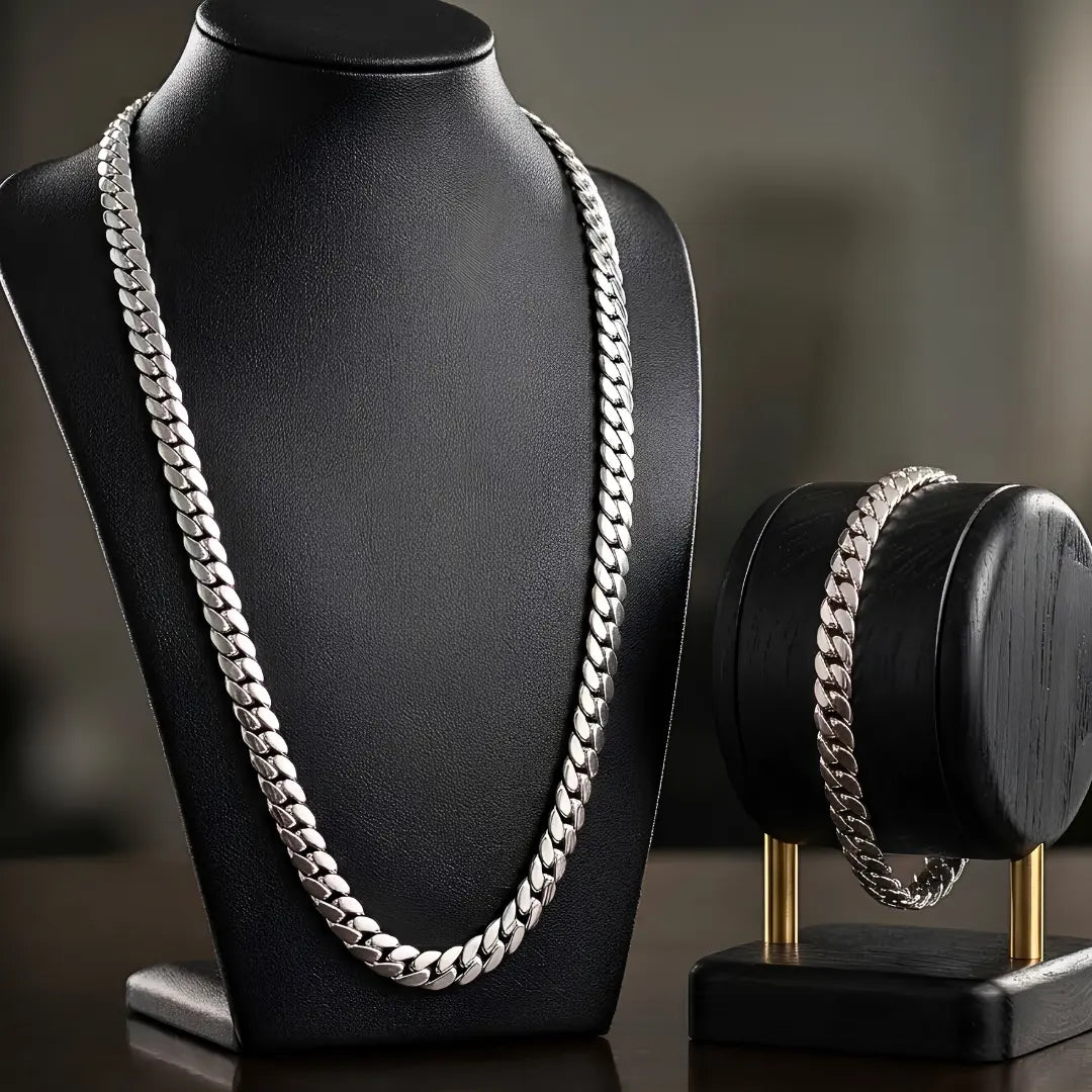 50Cm X 6Mm Stainless Steel Silver Cuban Link Chain & Bracelet Set
