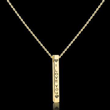 18K Gold Filled Vertical Engraved 3D Bar Pendant Necklace – "I LOVE YOU" Heart Inscription Bar Necklace