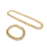 18K Gold Filled Iced-Out Cuban Link Chain Necklace & Bracelet Set (12mm) – Pavé Diamond-Style Luxury Jewelry
