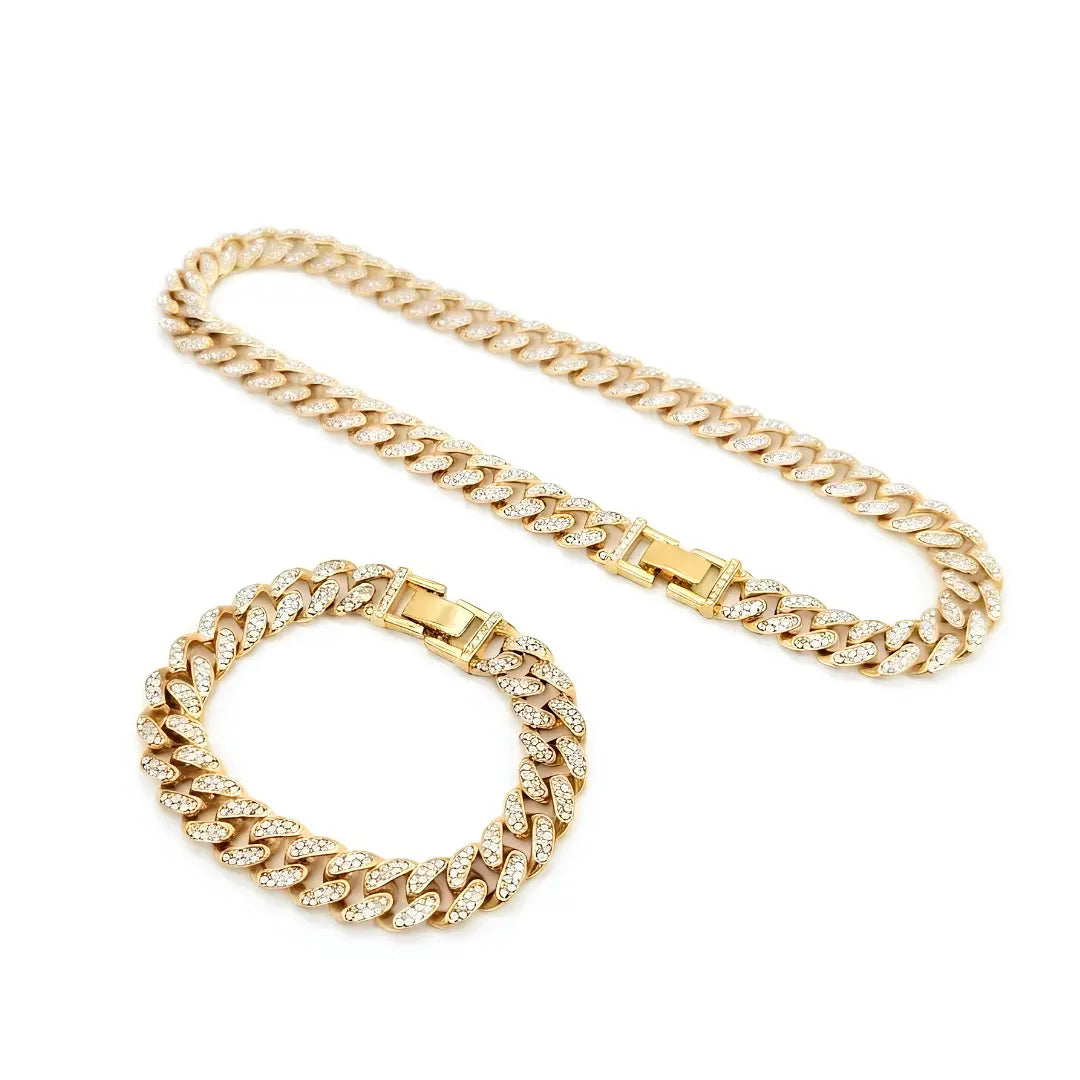 18K Gold Filled Iced-Out Cuban Link Chain Necklace & Bracelet Set (12mm) – Pavé Diamond-Style Luxury Jewelry