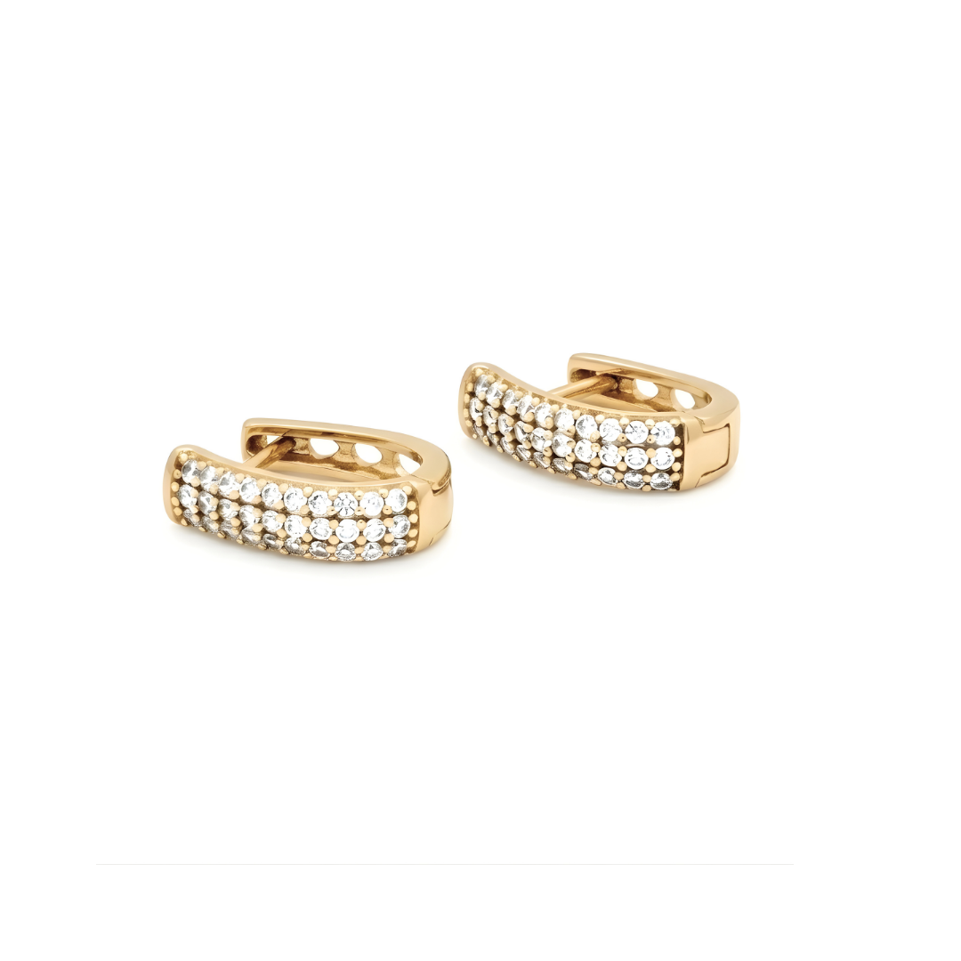 18K Gold Filled Triple-Row Micro-Pavé CZ Huggie Earrings – Sparkling Cubic Zirconia Huggie Hoop Earrings for Women