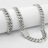 Silver Iced-Out Cuban Link Chain & Bracelet Set (12mm x 40cm Necklace) – Pavé Diamond-Style Luxury Jewelry