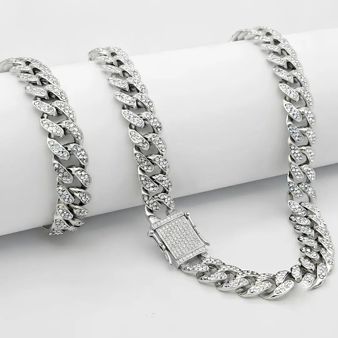 Silver Iced-Out Cuban Link Chain & Bracelet Set (12mm x 40cm Necklace) – Pavé Diamond-Style Luxury Jewelry