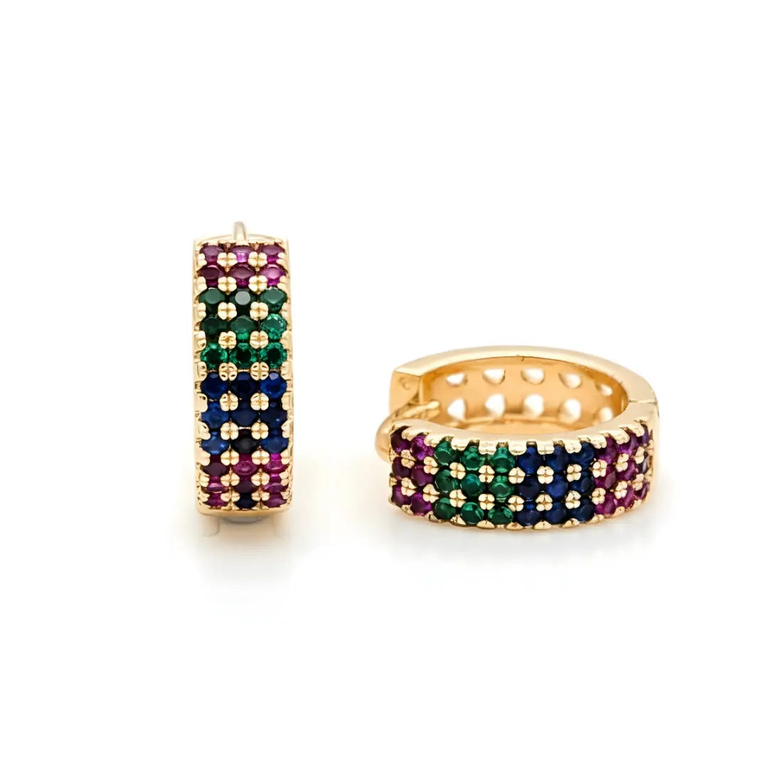 18K Gold Filled Multicolored Rainbow CZ Huggie Hoop Earrings – Wide Triple-Row Gemstone Hoops