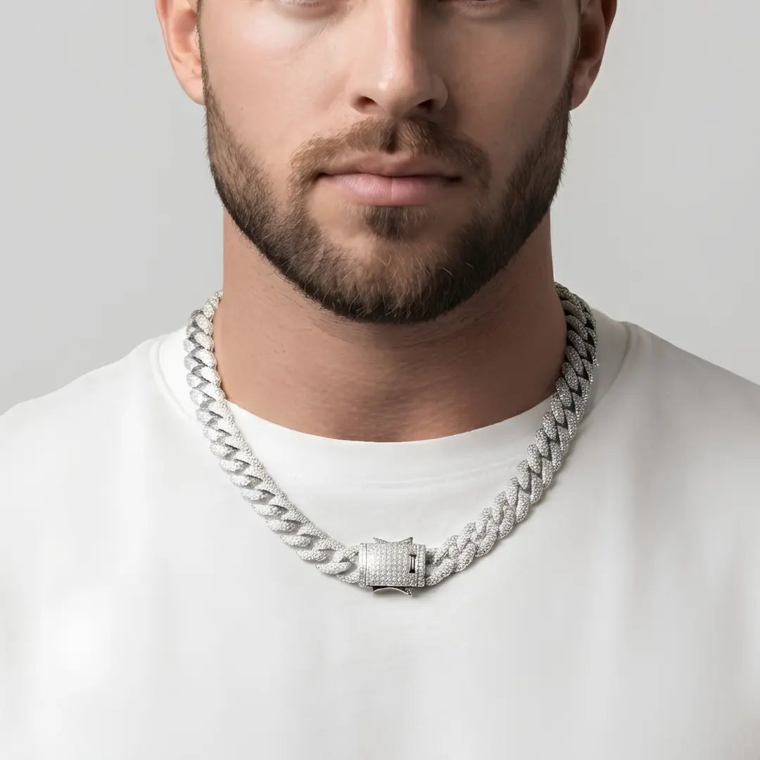 Silver Iced-Out Cuban Link Chain Necklace (12mm x 60cm) – Pavé Diamond-Style Luxury Jewelry