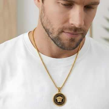18K Gold Filled Iconic Greek Medusa Head Pendant Necklace – 20mm Black Enamel Medallion with Box Chain