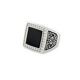 Men's Stainless Steel Square Black Onyx CZ Halo Signet Ring – Vintage Filigree Scrollwork Statement Ring for Men