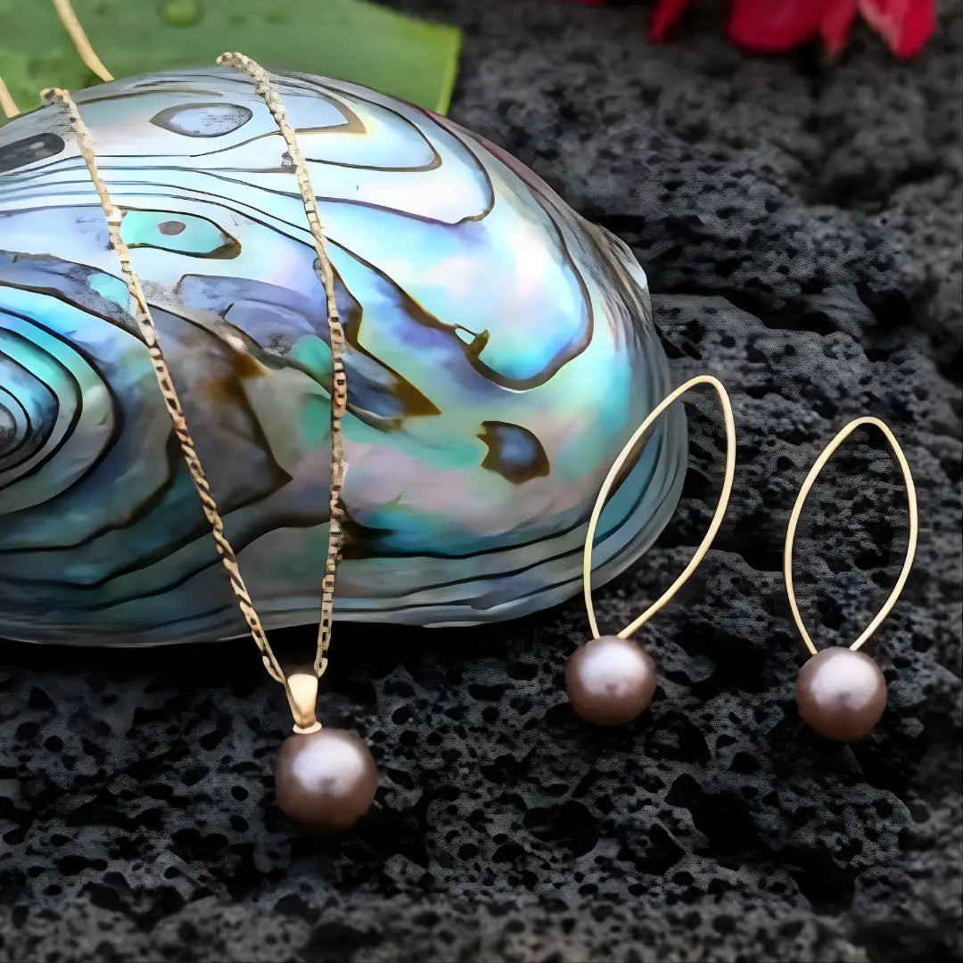 18k Gold Filled Pearl Necklace & Angled Stud Earring Set