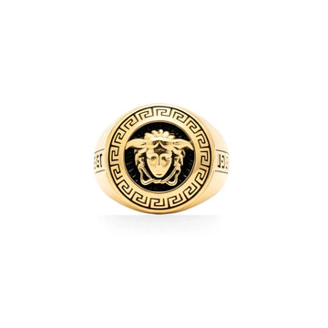 18K Gold Filled Medusa Mythic Head Signet Ring – Greek Key Statement Ring for Men & Women