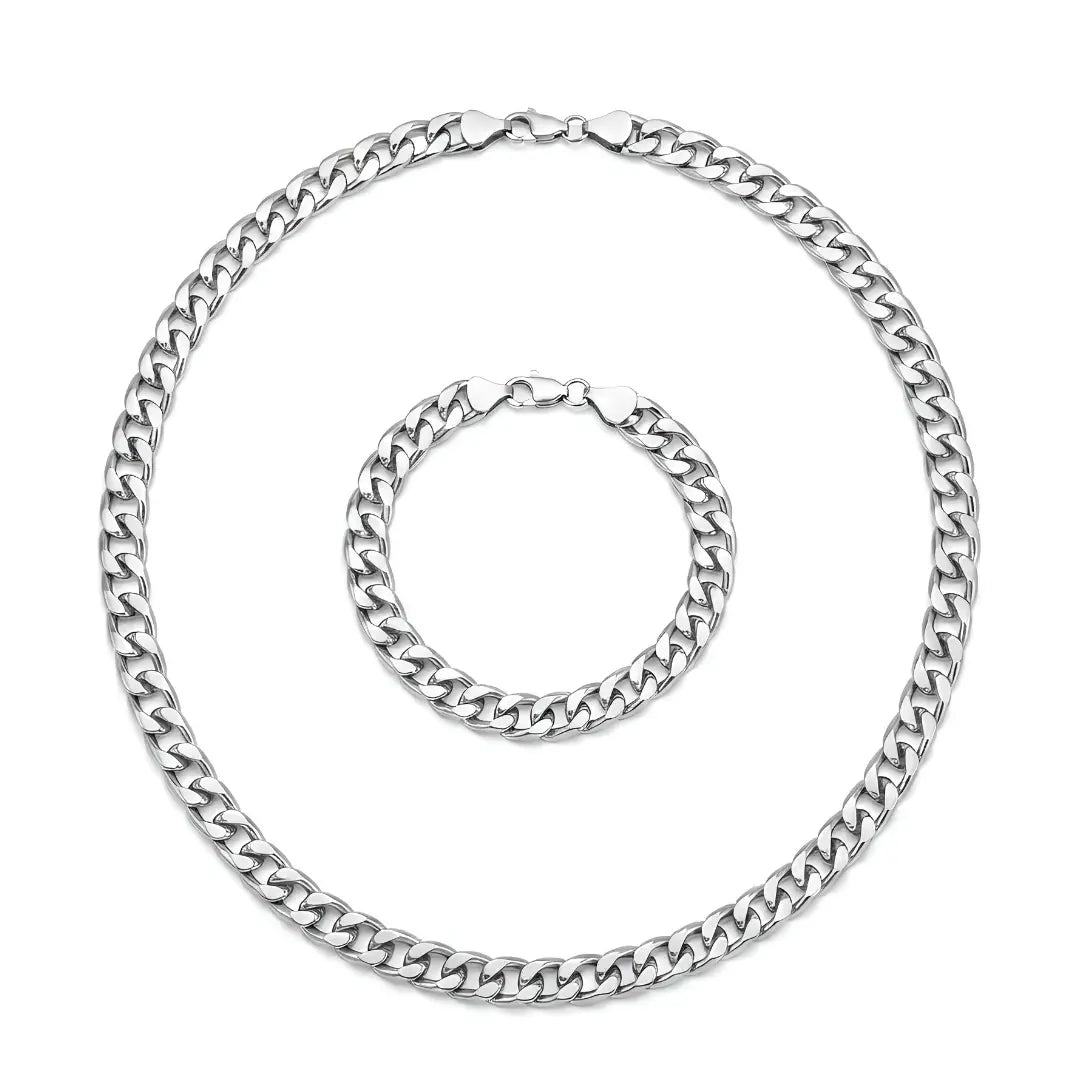 Silver Flat Cuban Link Chain & Bracelet Set (8mm x 60cm) – Tarnish-Resistant Modern Statement Jewelry