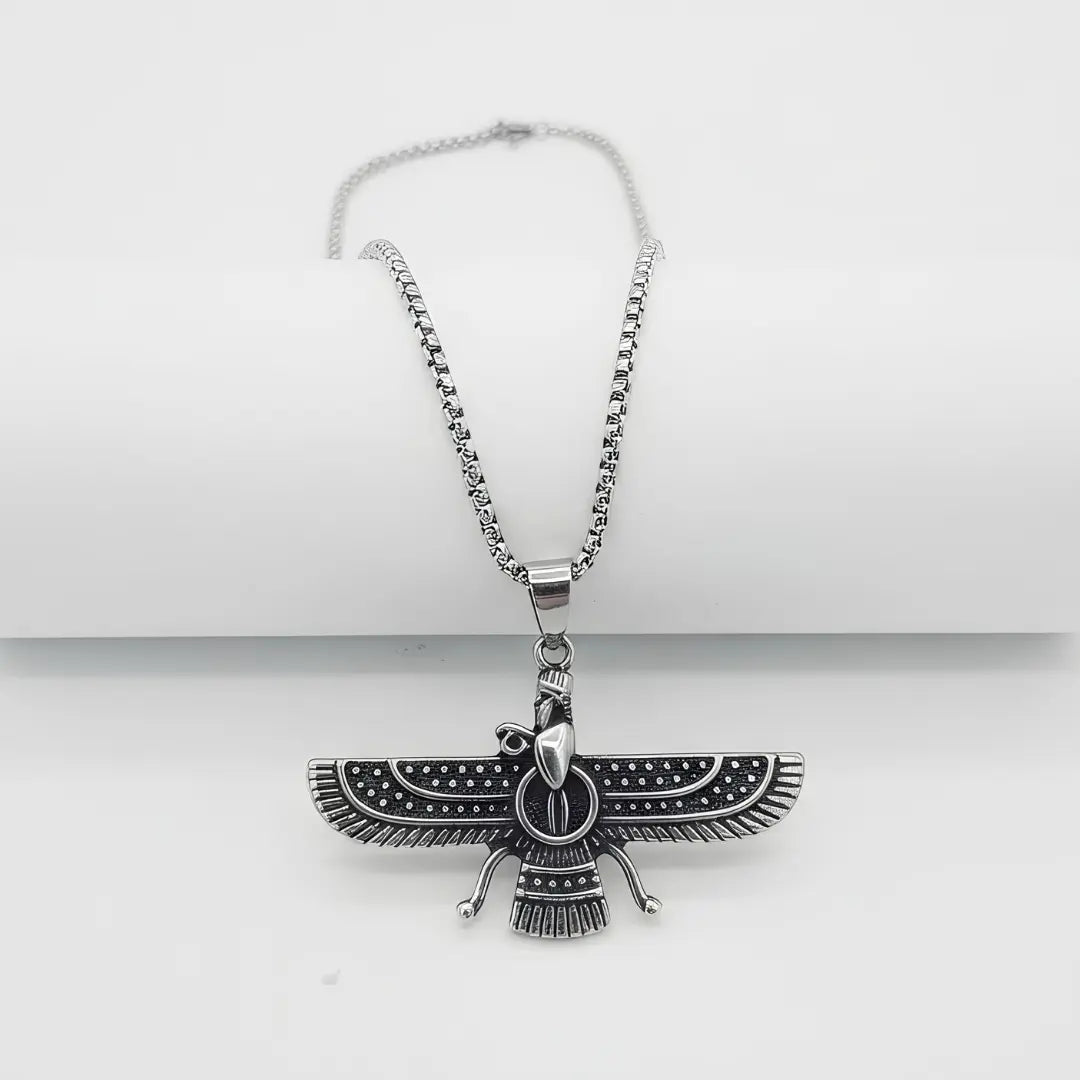Faravahar Pendant Necklace – Oxidized Stainless Steel (50cm) – Ancient Persian Heritage Statement Jewelry
