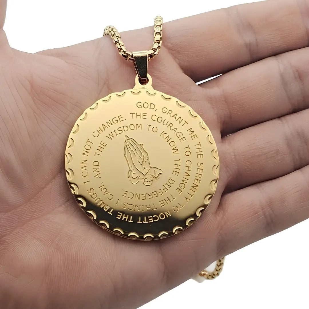 Serenity Prayer & Praying Hands Medallion Necklace (Black, Gold & Silver Tone) – 52cm Belcher Chain