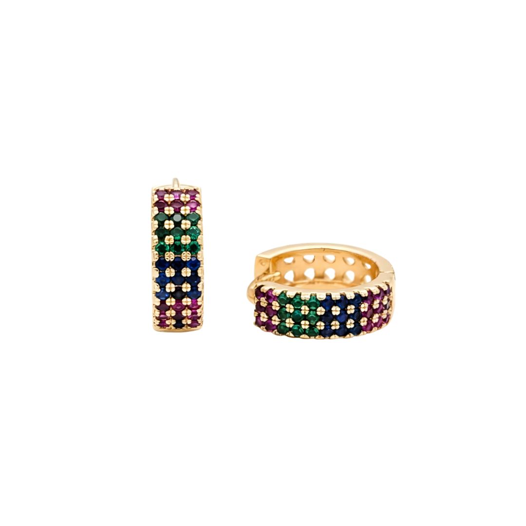 18K Gold Filled Multicolored CZ Rainbow Huggie Hoop Earrings – Double-Row Pavé Gemstone Huggies for Women