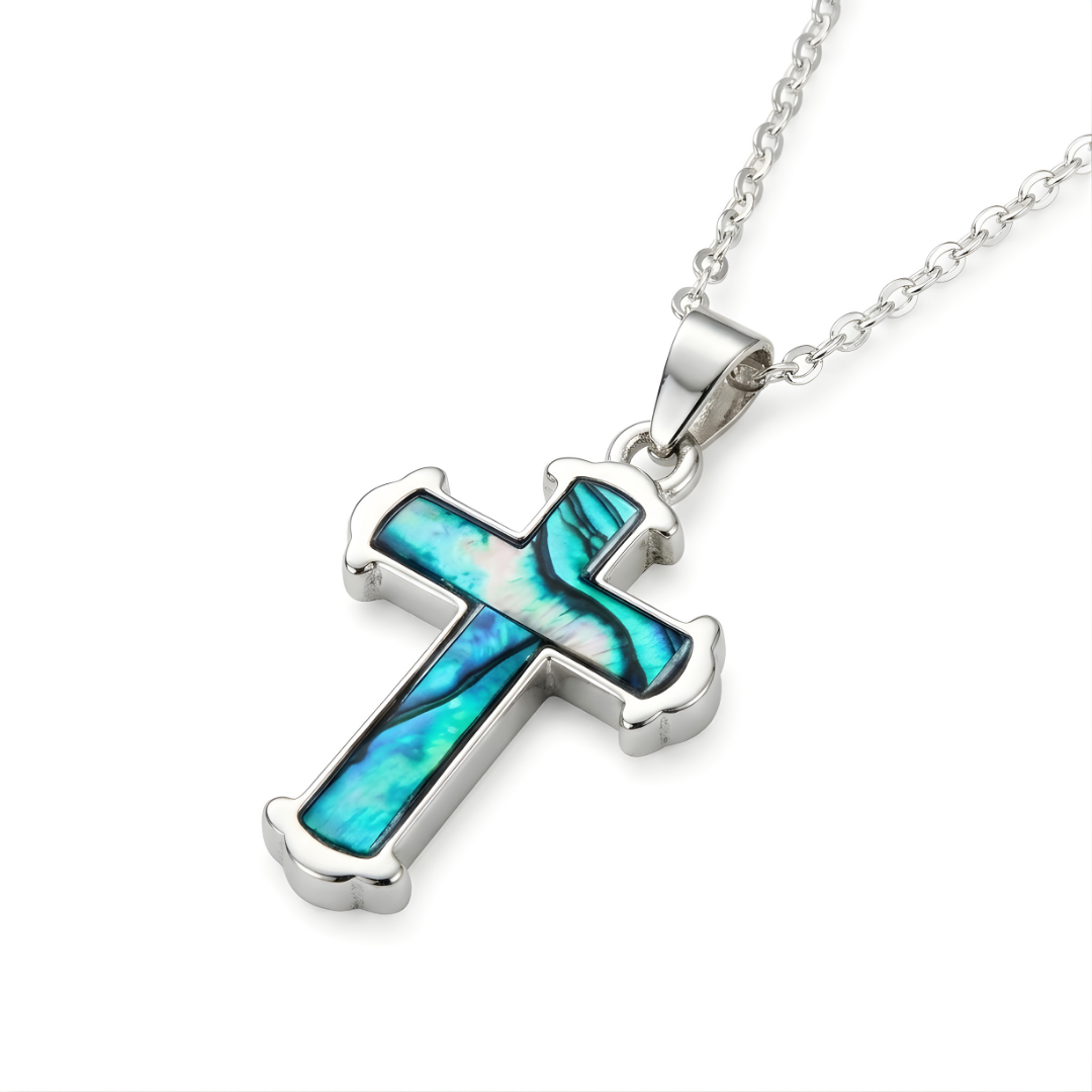 Silver Paua Shell Cross Necklace  45cm Cable Chain