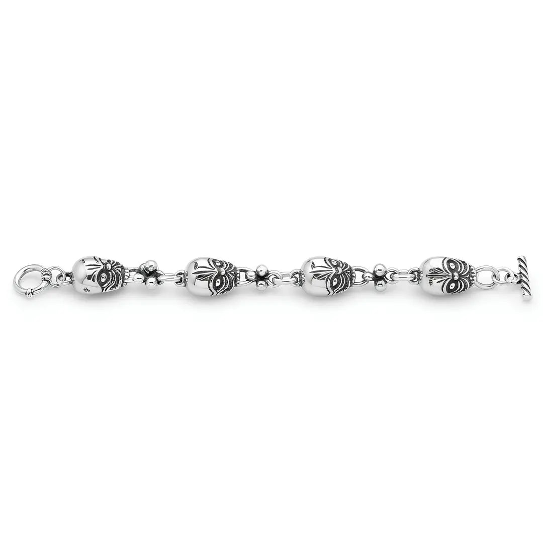 Silver Stainless Steel Tribal Skull Link Bracelet (22cm) – Tarnish-Resistant Gothic Statement Wristwear with Toggle Clasp