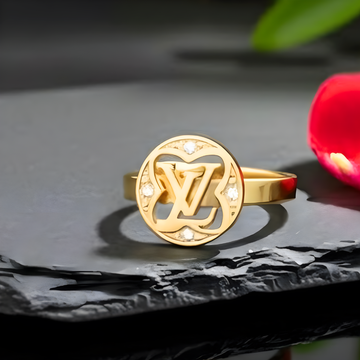 18K Gold Filled LV Monogram Ring – Cutout Monogram Medallion Ring with CZ Diamonds