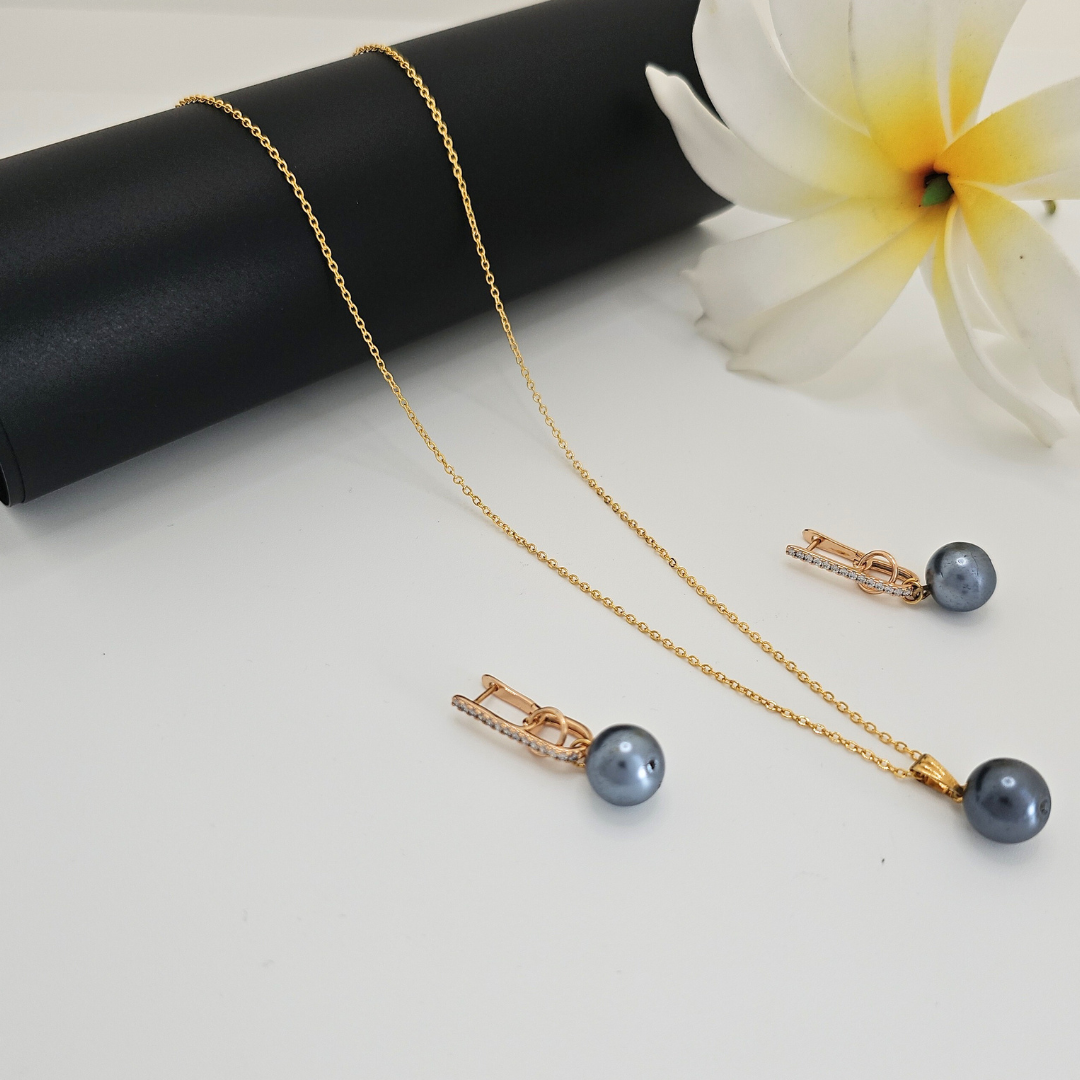 18K Gold Filled Hawaiian Grey Pearl Set