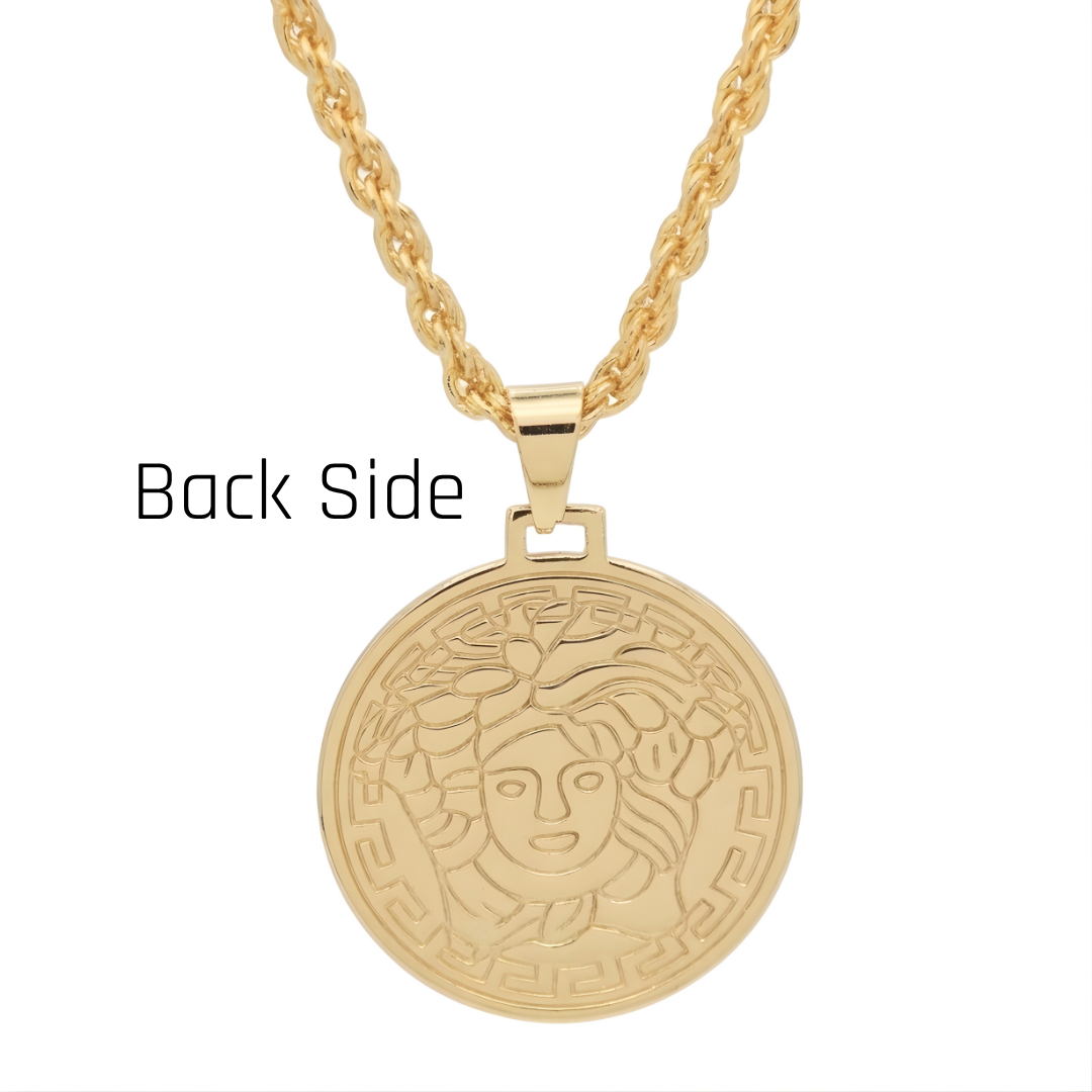 18K Gold Filled Iconic Greek Medusa Head Pendant Necklace – Medallion with Rope Chain