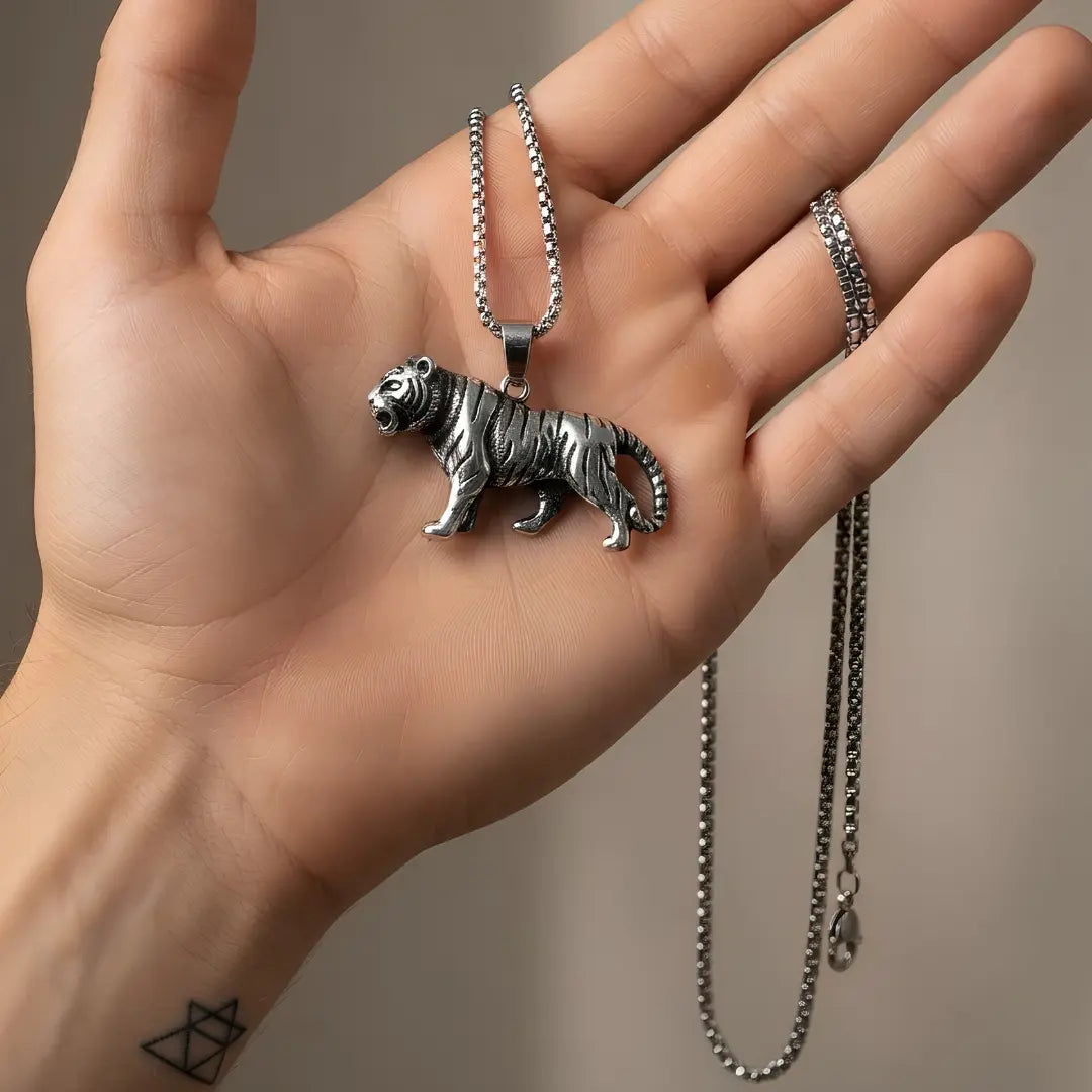 Stainless Steel Tiger Pendant Necklace for Men (52cm) – Bold Prowling Tiger Statement Jewelry
