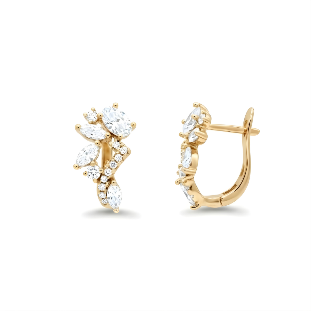 18K Gold Filled Multi-Cut CZ Cluster Huggie Earrings – Oval & Marquise Crystal Floral Huggie Hoop Earrings for Women